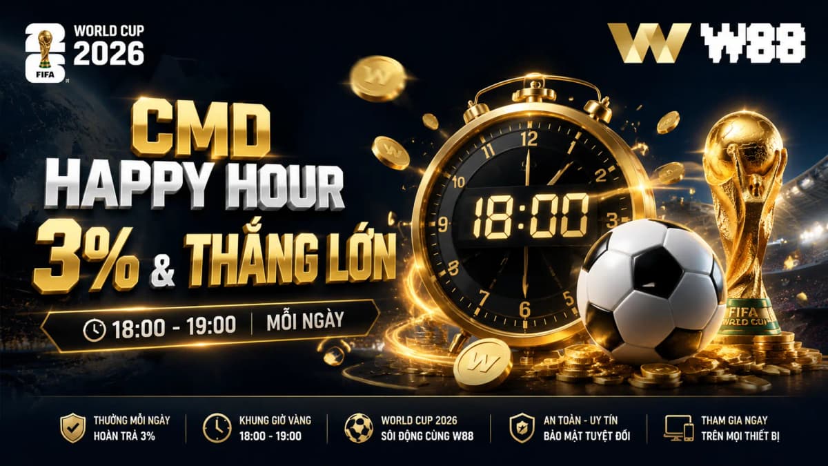 CMD Happy Hour 3% & Thắng Lớn Cùng World Cup 2026 | W88